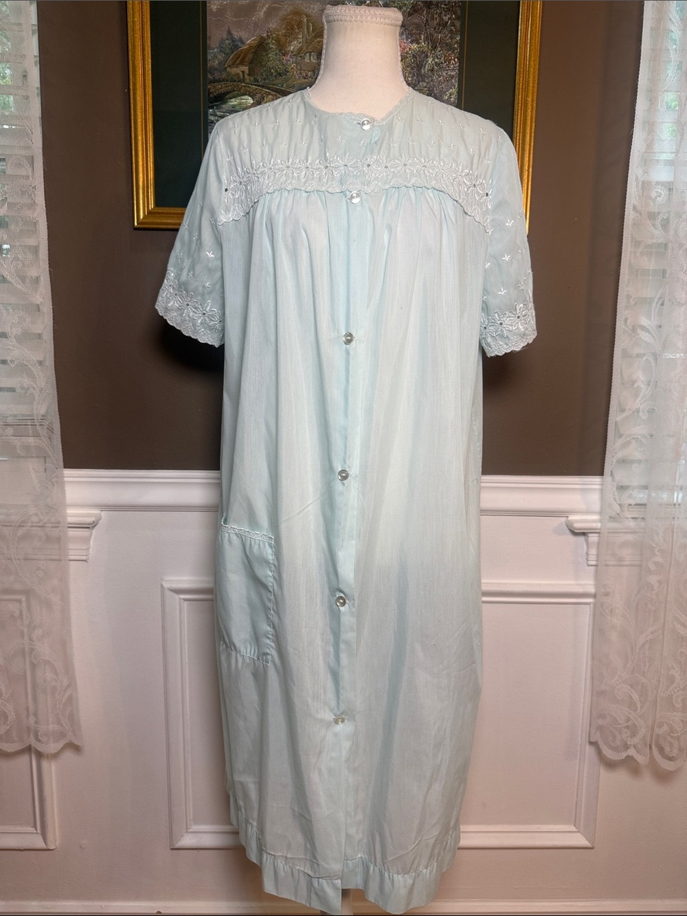 Vintage 60s Komar Blue Embroidered Button Front Nightgown M